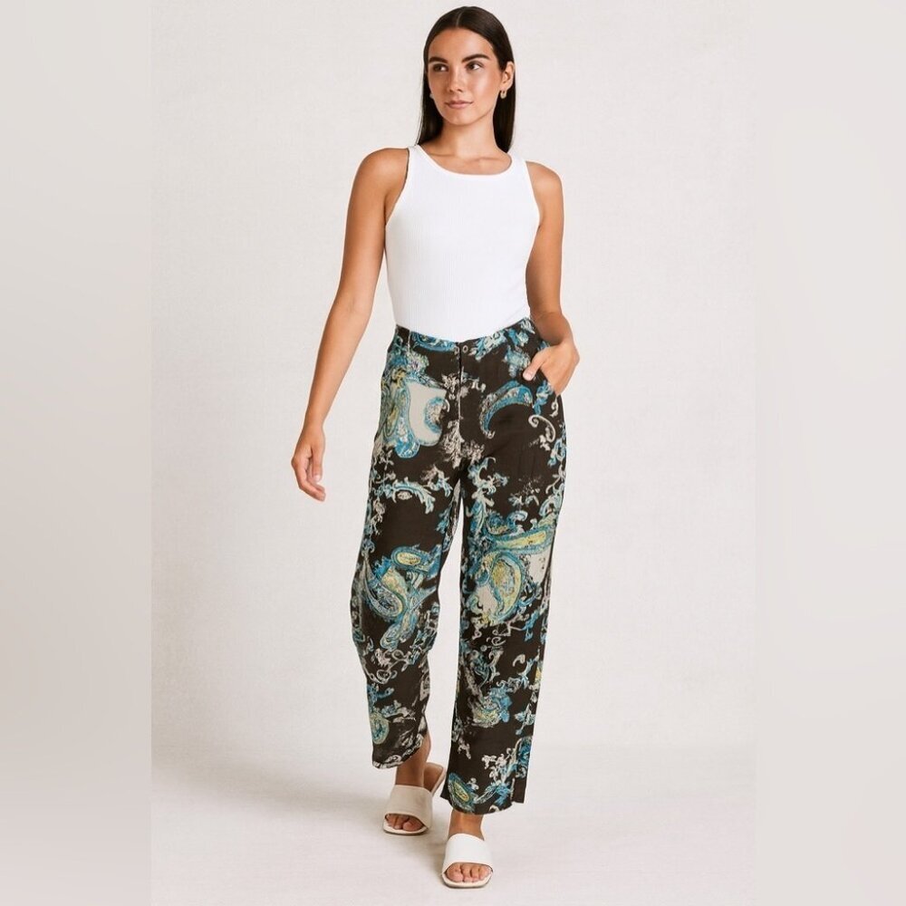 100% Silk Made in Italy Wide Leg Pants Multicolor Paisley Print Size 44  NWT